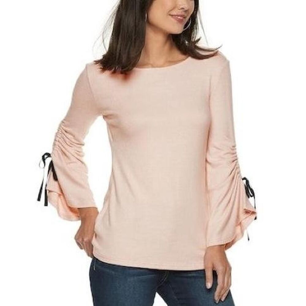 Juicy Couture Top Womens XS Pink Long Sleeve Boat Neck Ruched Flare Bow Cuff Y2K
